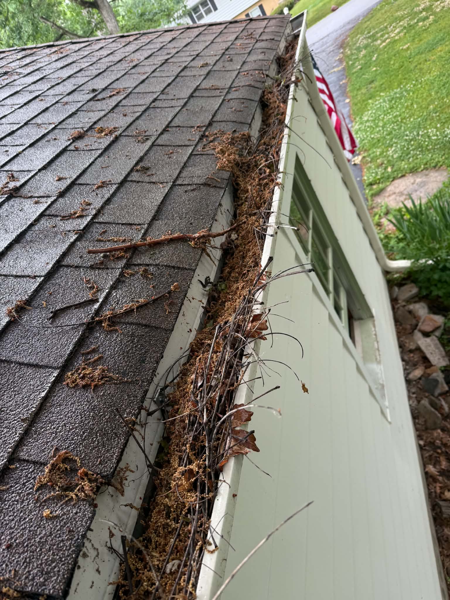 Severely clogged gutters before cleaning McHenry County